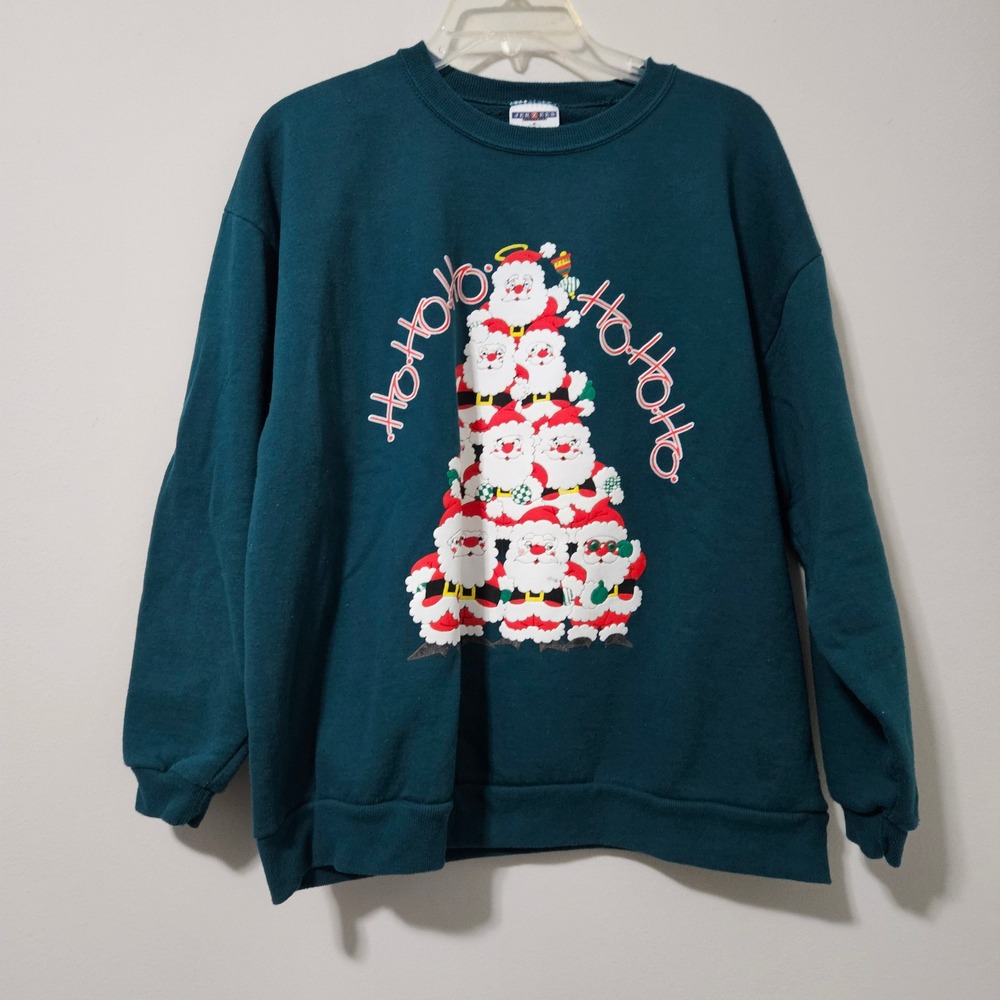Vintage Jerzees Santa Claus Christmas Tree Sweatshirt Hunter Green XL Ho Ho‎ Ho